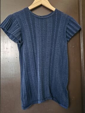 Fat Face Navy Short Sleeve Knit Top with Pleated Sleeves